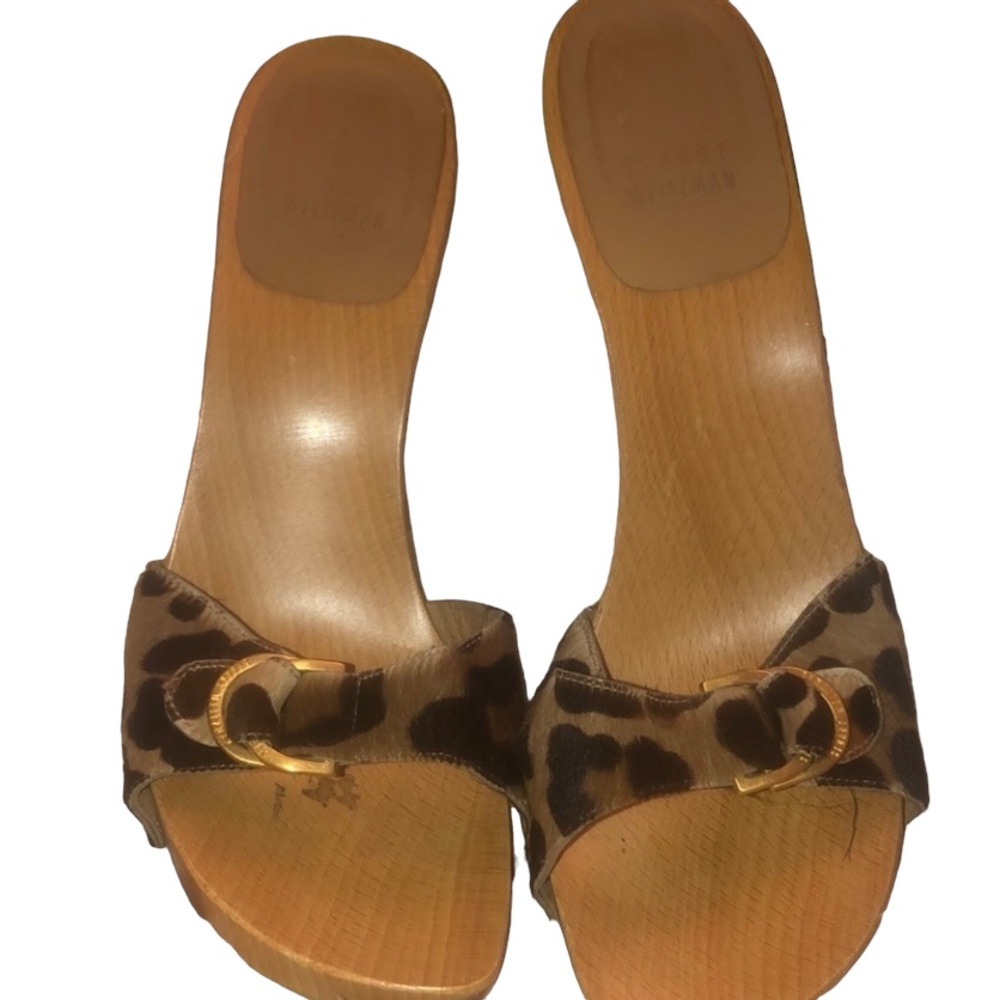 Stuart Weitzman Size 10 Animal Print Platform Slide Wooden Heel Like New